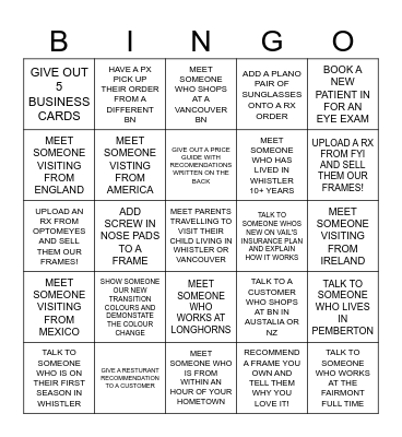 CUSTOMER  BINGO Card