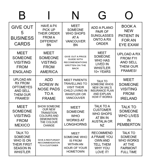 CUSTOMER  BINGO Card
