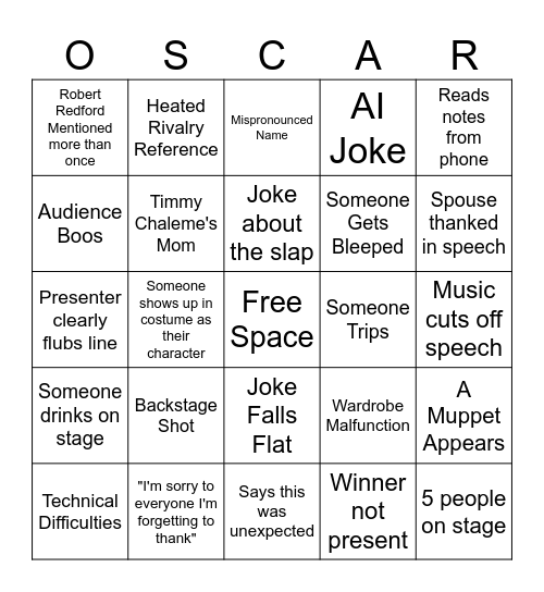 Oscars Bingo Card