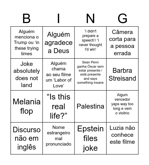 Óscares com Elas 2026 Bingo Card