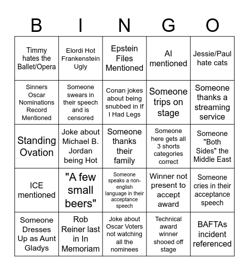 Oscars 2026 Bingo Card