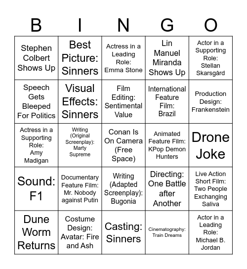 Oscars 2026 Bingo Card