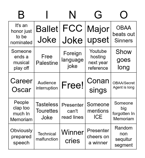 Oscars Bingo Card