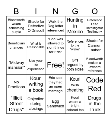 Kouri Richins Closing Bingo - LawNerd Edition Bingo Card