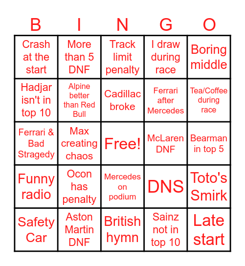 Formula 1 Bingo Card