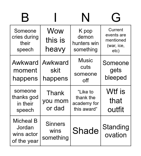 Oscar 2026 Bingo Card