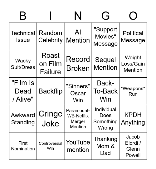 Oscars 2026 Bingo Card