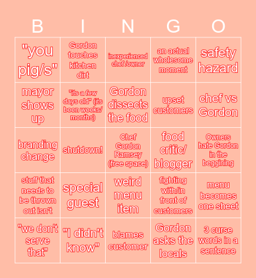 Kitchen Nightmares Bingo Card