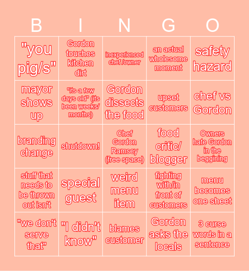 Kitchen Nightmares Bingo Card
