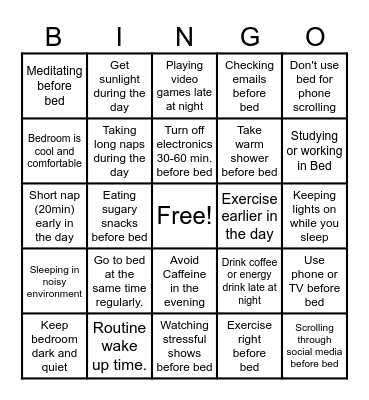 Sleep Hygiene Bingo Card