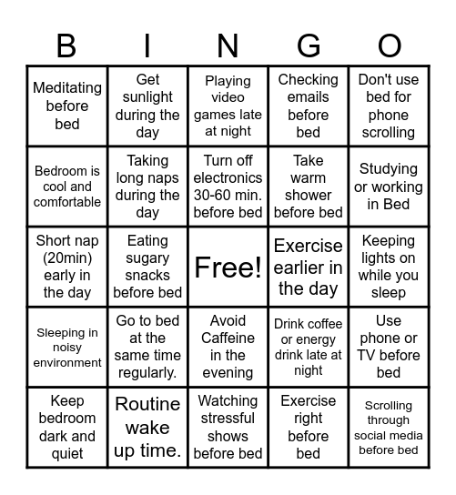 Sleep Hygiene Bingo Card