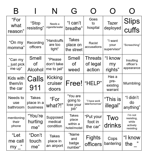 Expanded Body-cam Bingo Card