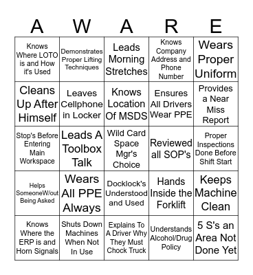 CMBC Safety Bingo Card