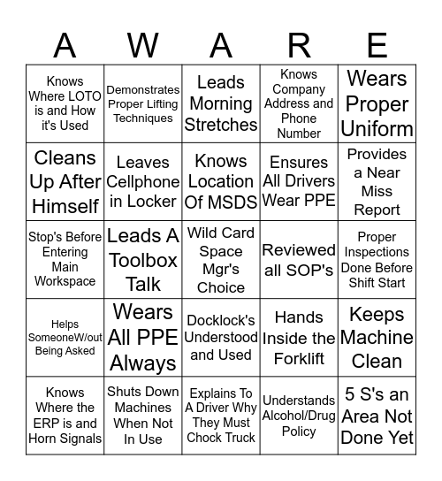 CMBC Safety Bingo Card