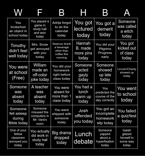 HBA/WFB Bingo Card