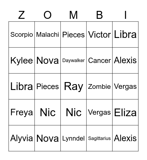 Zombies4dawn Bingo Card