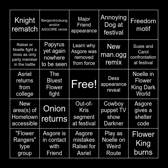 Deltarune Chapter 5 Bingo Card