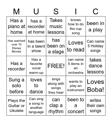 Getting to Know You Music Bingo Card