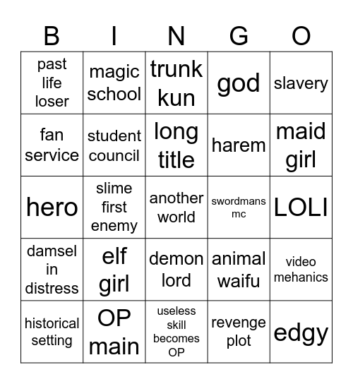Isekai bingo Card