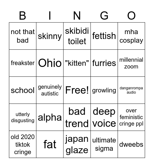 cringe comp Bingo Card