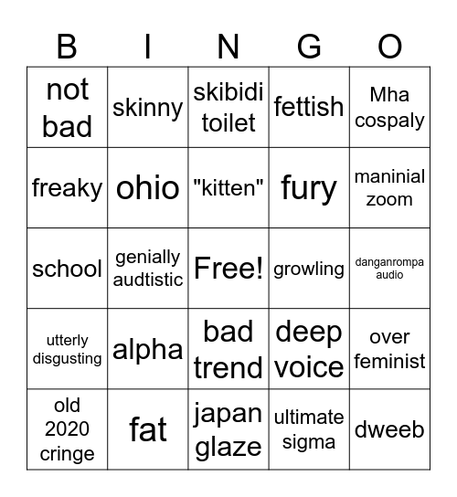 cringe comp Bingo Card