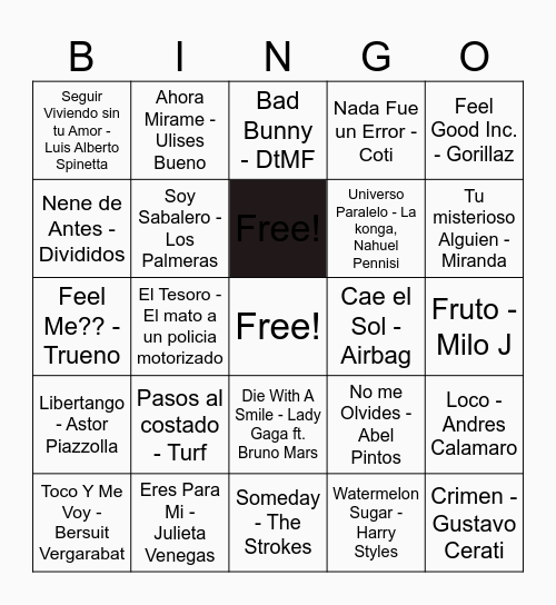 Bingo Musical Bingo Card