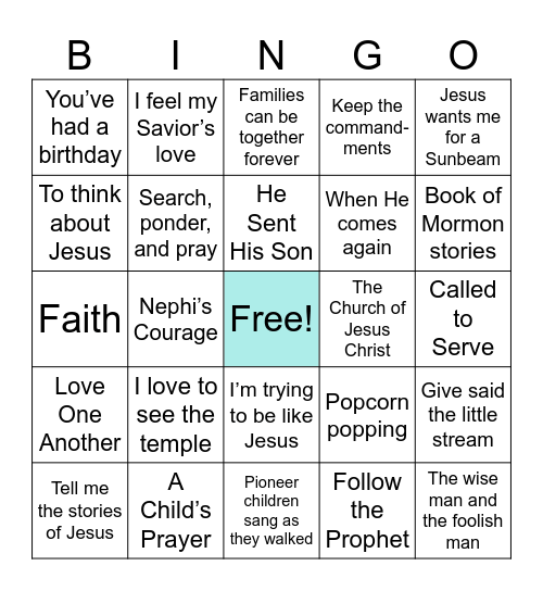 LDS Primary Songs Bingo Card