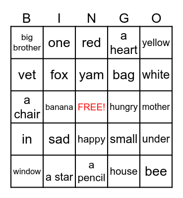 Vocabulary Bingo! Bingo Card