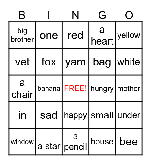 Vocabulary Bingo! Bingo Card