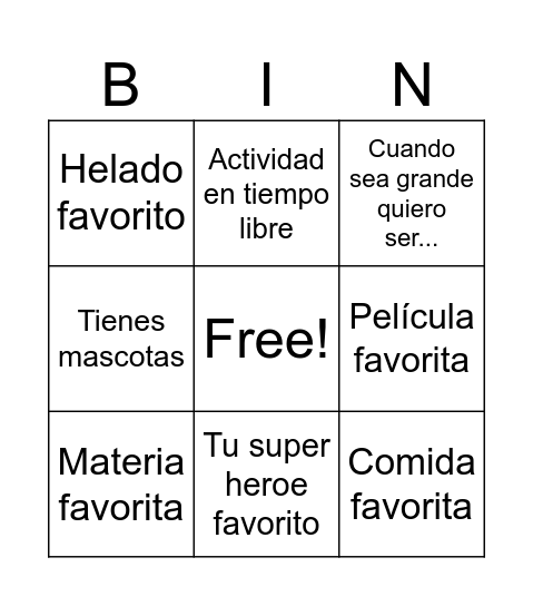 Conociendome Bingo Card