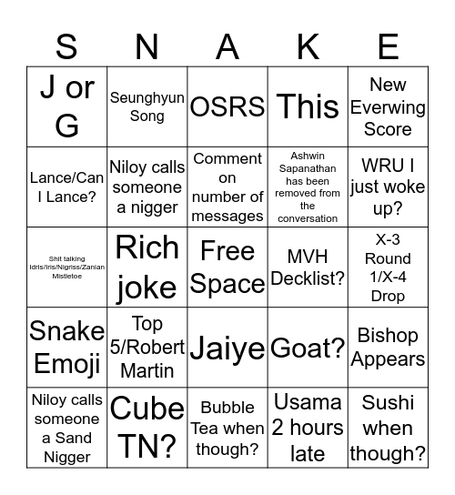 Snakes Nest Bingo Card