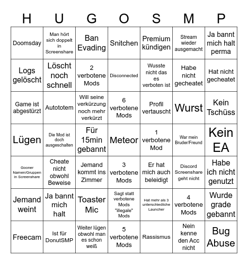HugoSMP Support Bingo Card