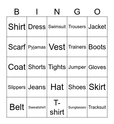 Clothes & Accessories Bingo Card