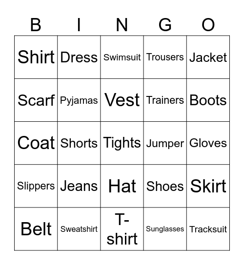 Clothes & Accessories Bingo Card