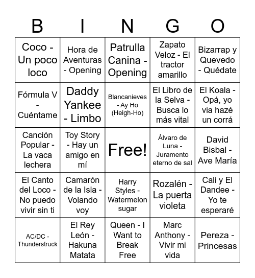 Bingo cancionero Bingo Card