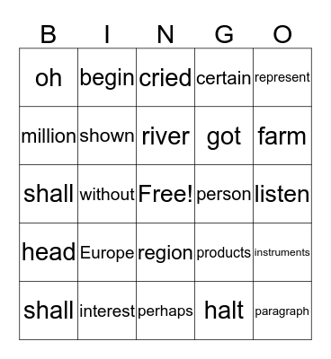 Fluency Bingo Card