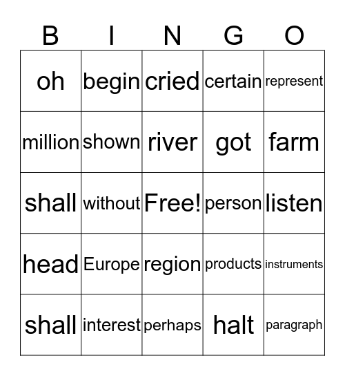 Fluency Bingo Card