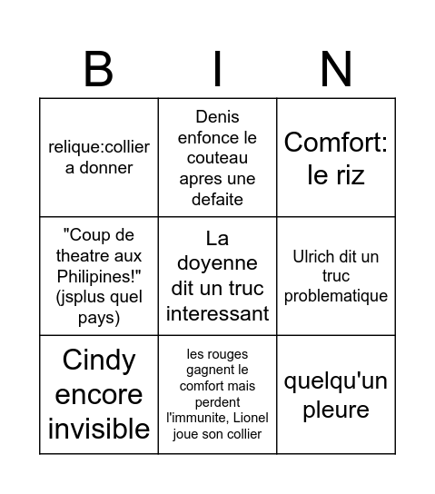 Koh-lanta episode 3 Bingo Card