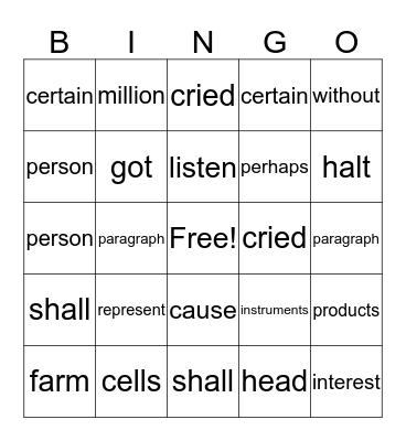Fluency Bingo Card
