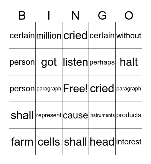 Fluency Bingo Card