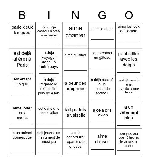 Bingo de la connaissance des autres : trouve quelqu'un qui ... Bingo Card