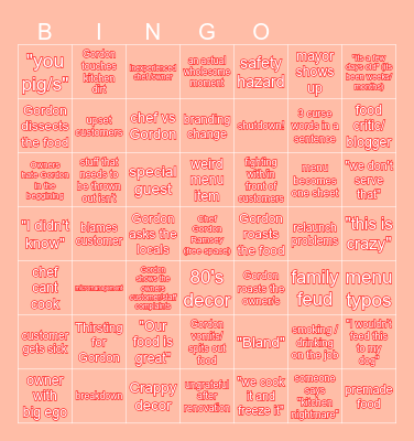Kitchen Nightmares Bingo Card