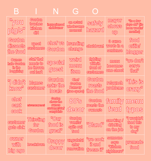 Kitchen Nightmares Bingo Card