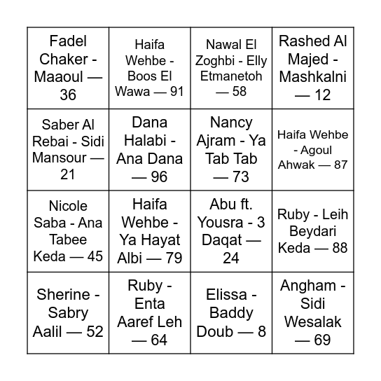 Melody Hits Night x Mizna by Salma Zahore Bingo Card
