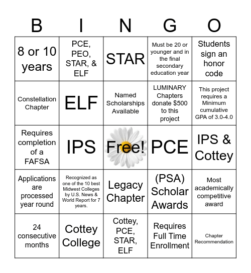 PEO Projects Bingo Card