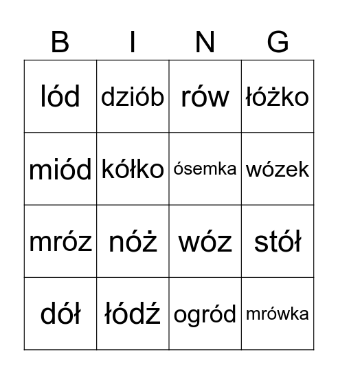 Wyrazy z ó  wymiennym Bingo Card