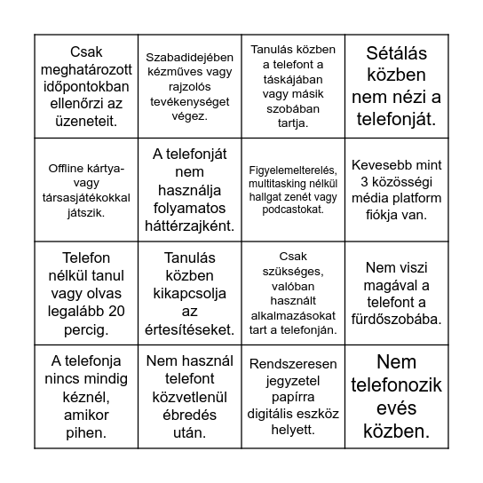 Digitális lekapcsolódás bingó Bingo Card