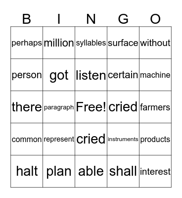 Fluency Bingo Card