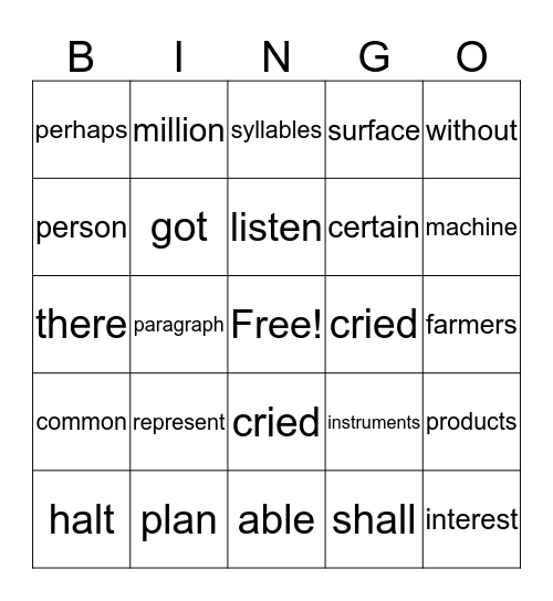 Fluency Bingo Card