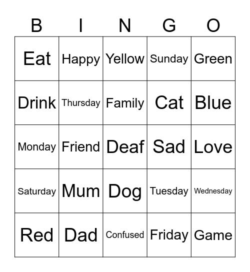 Sign Language Bingo Card